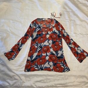 Cookies Hawaiian Poppy Floral Print Blouse, Bell Sleeve, Lace-up Summer Top